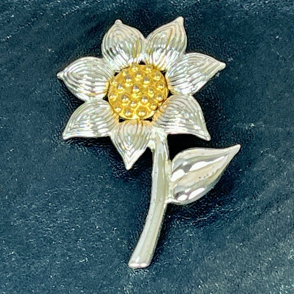 Vtg Mio Sunflower Brooch MCM Pin Mixed Metal Gold Silver Tone Flower Signed 2.5"
